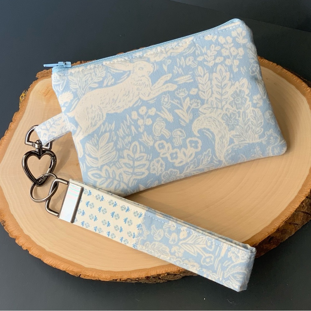 Blue and White Rabbit Boho Zipper Pouch Wristlet